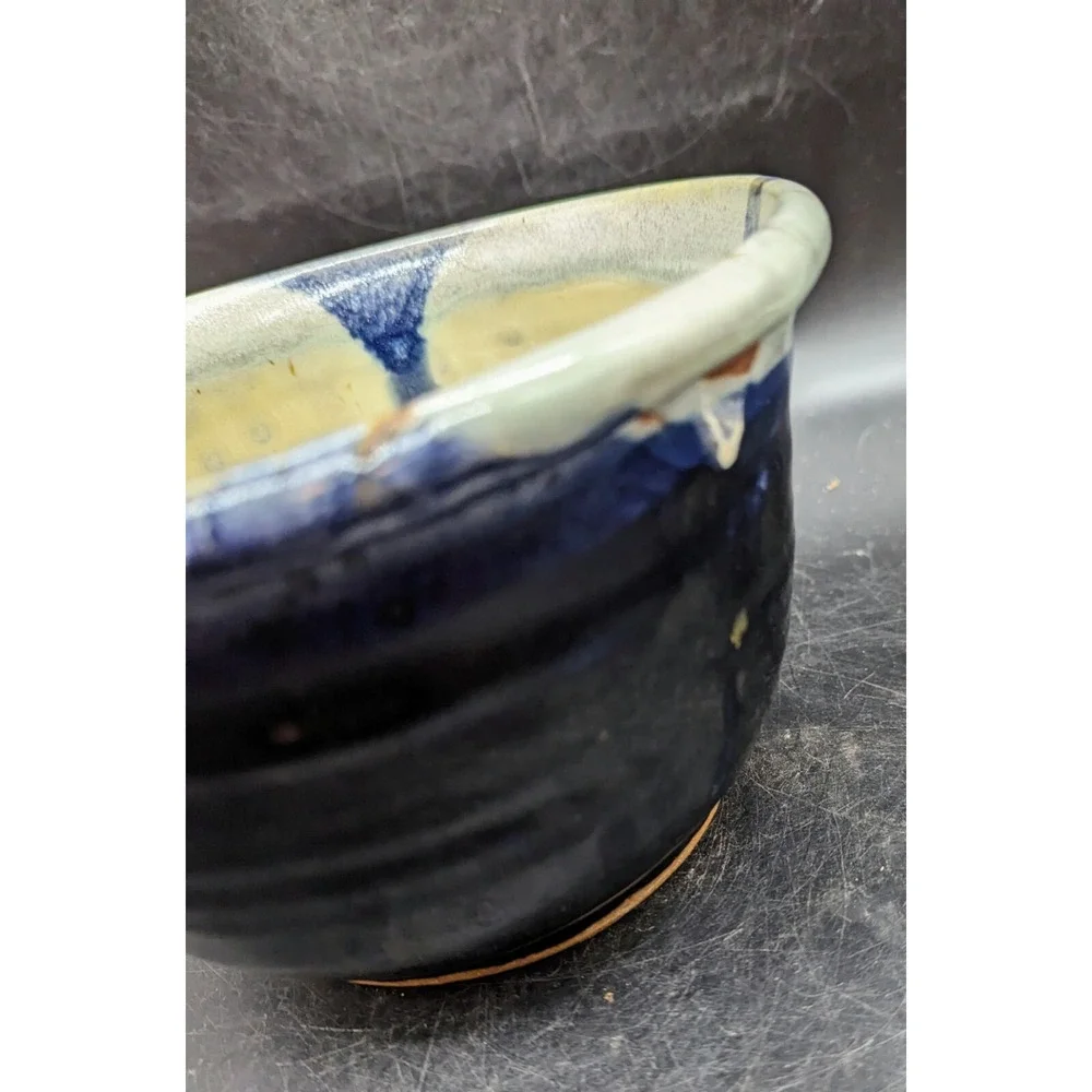 Vintage Handmade Studio Art Pottery Blue Drip Glaze Decorative Bowl Signed 7.5